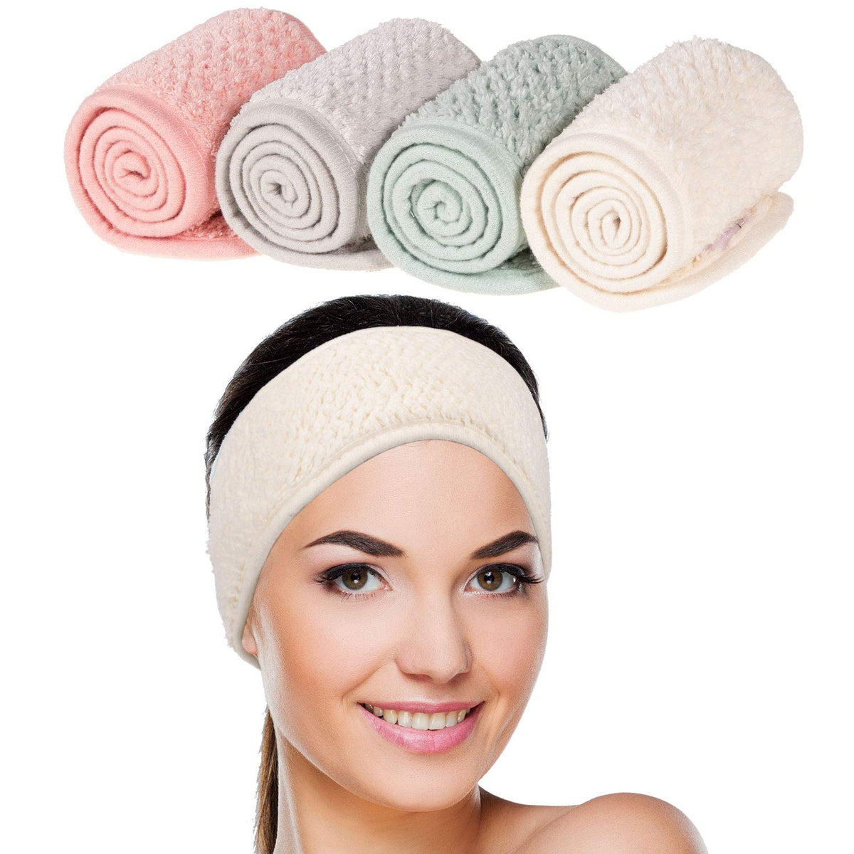 4 Pack Spa Facial Headband, Pea Green, Pink, Beige, Light Gray
