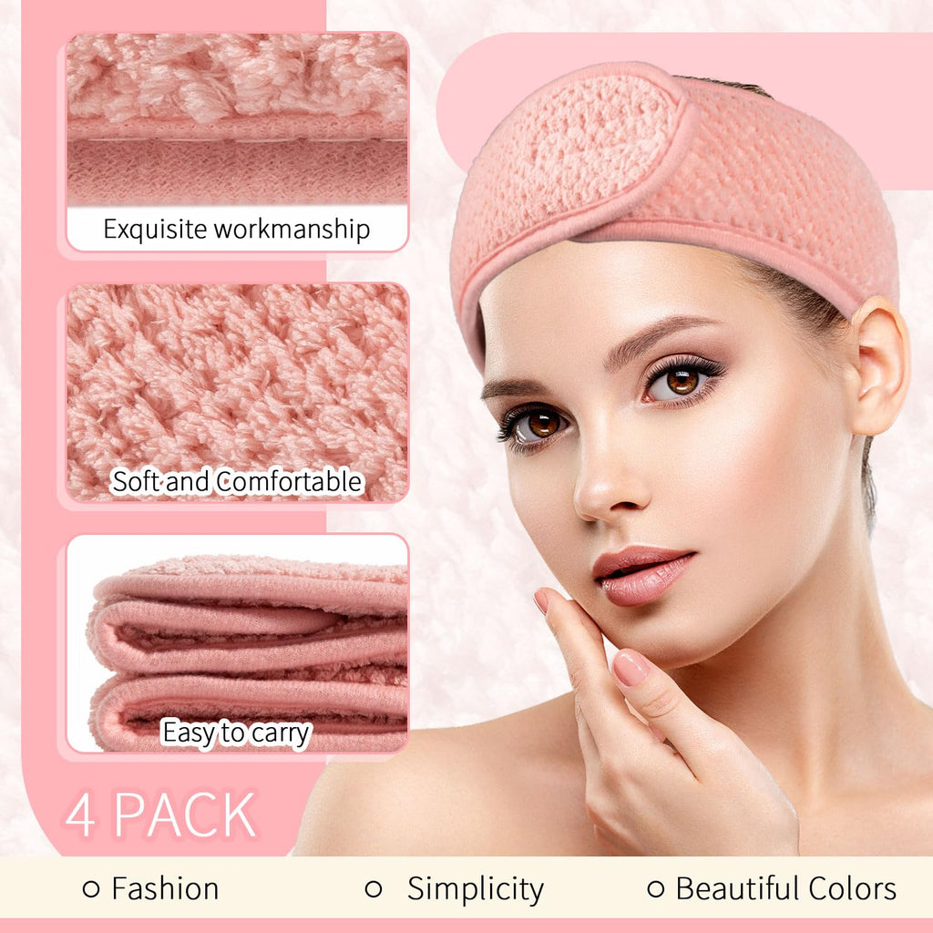 4 Pack Spa Facial Headband, Pea Green, Pink, Beige, Light Gray