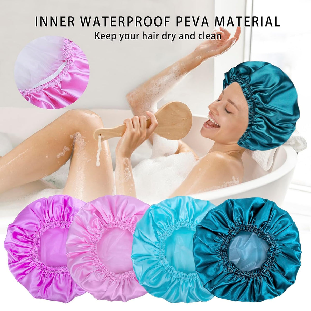 Shower Caps for Women, 4 PCS Reusable Waterproof Bath Cap