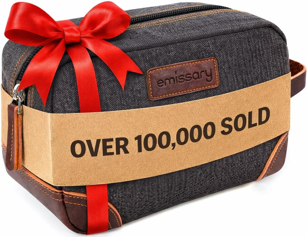 Men'S Canvas Travel Toiletry Bag, Leather Dopp Kit - Gray